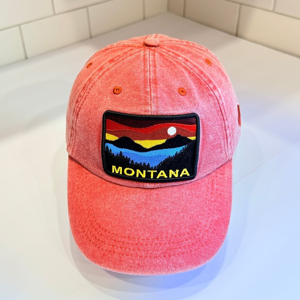 Montana Hat Washed Red Adjustable DK CAPS Baseball Cap Men's Bison Patch